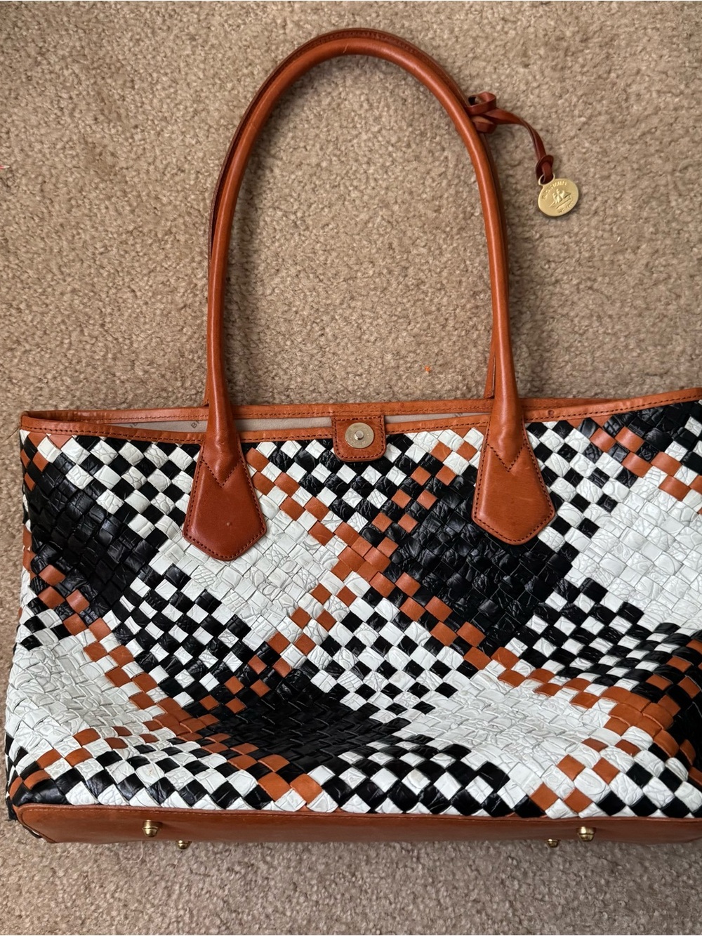 Brahmin Black, White & Brown Woven Leather Tote